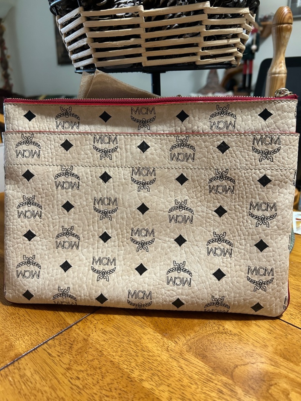 MCM Beige Monogram Wristlet with Pink Trim
